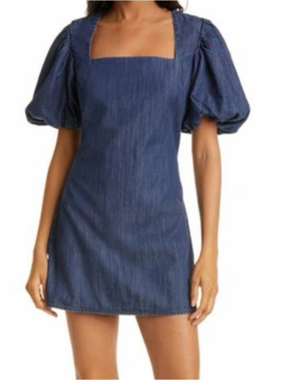 Frame Denim Nina Puff Sleeve Square Neck Denim Mini Dress - Indigo Blue